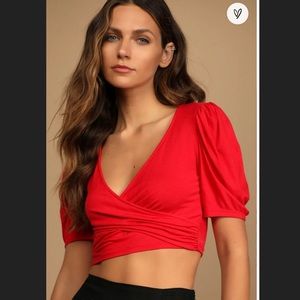 Red Puff Sleeve Surplice Crop Top